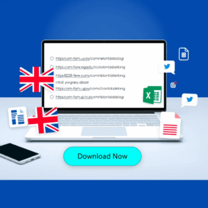 Modern digital product image showing a UK contact form URL list with spreadsheet, download icons, and UK flag elements for B2B outreach.
